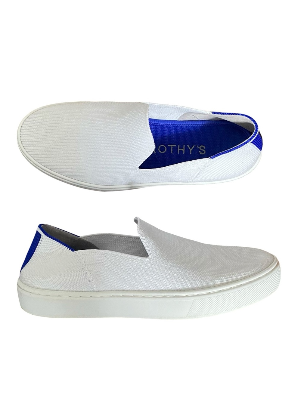 Rothy’s The Original Slip On Sneaker Women’s 6 White with Blue & Black
